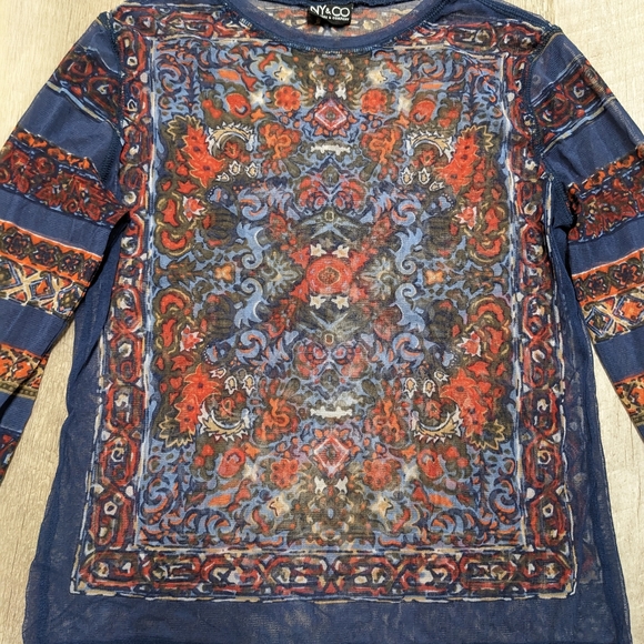 Vintage New York and Company Sheer blue and red Long Sleeve Top - Picture 3 of 6
